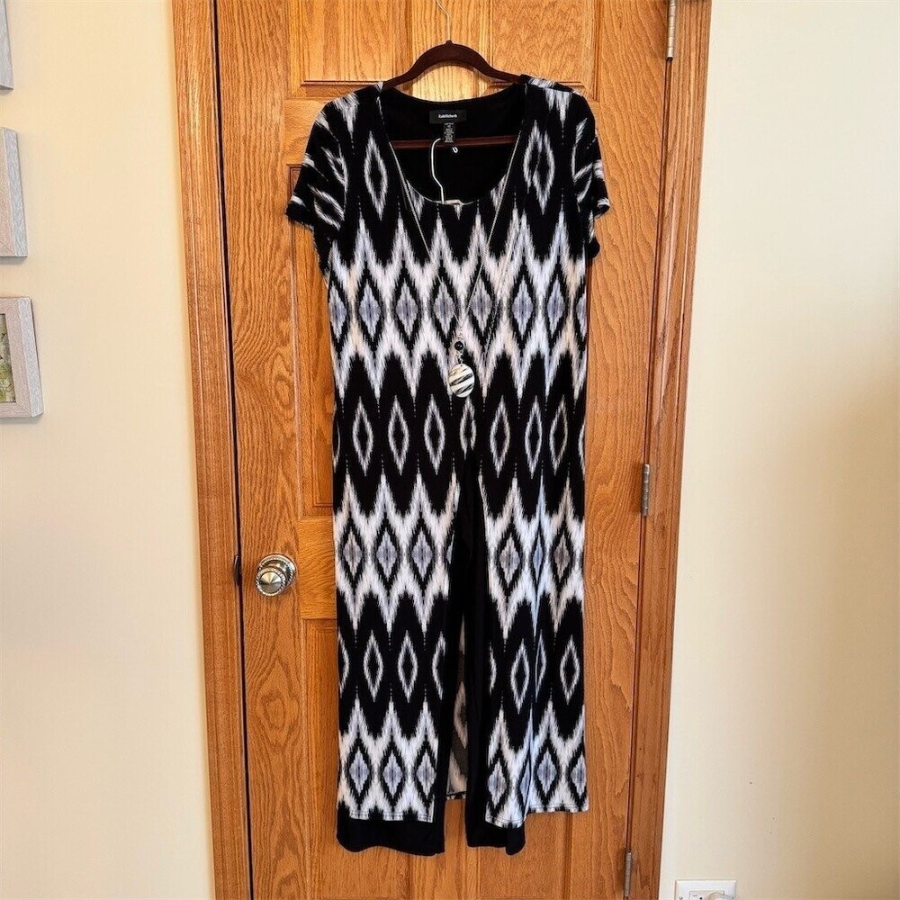 R&M Richards Dress Pant Suit Womens Size 12 Black White Ikat Geometric Maxi
